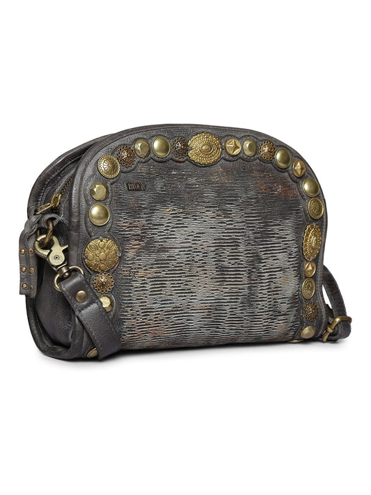Silvia: Metallic Effect Razor With Golden Concho Leather Crossbody Bag.