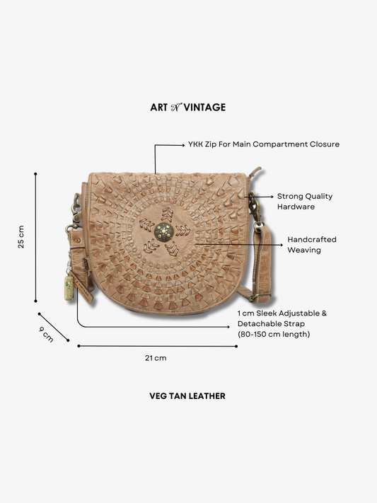 Onyx: Bohemian Mandala Leather Bag In Sand Color