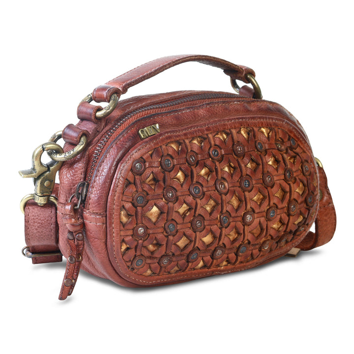 Pearl:cognac leather studded belt bag and crossbody