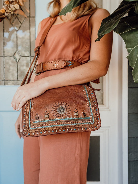 Savio: Embellished Cognac Crossbody Flap Bag In Veg Tan Leather